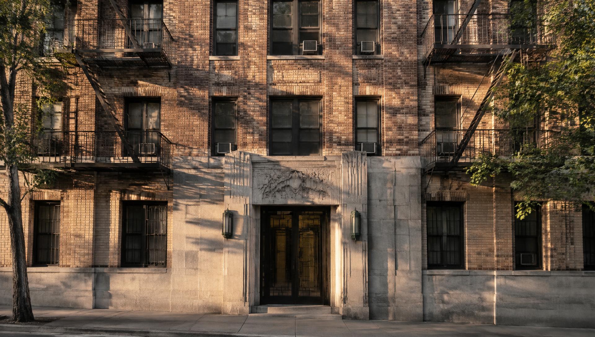 Pre-war brick apartment building entrance in the Bronx