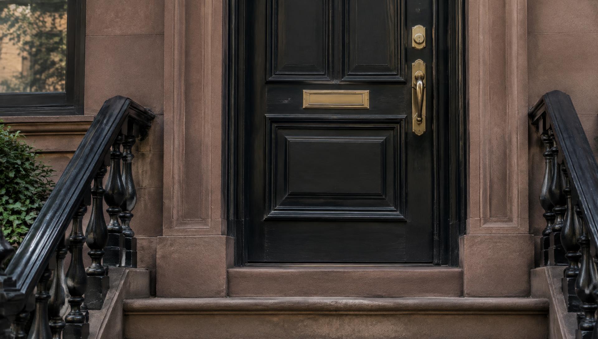Townhouse front door with brass hardware and stone steps